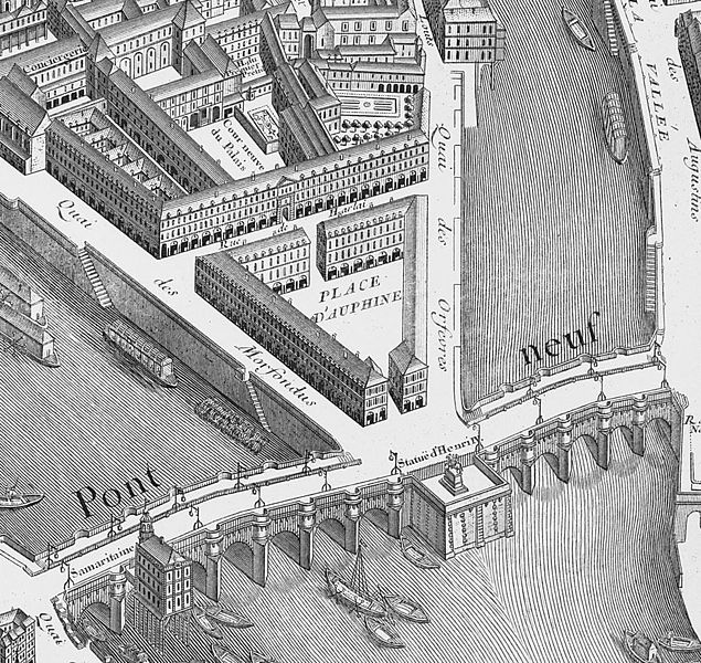 Place Dauphine as portrayed on the 1739 Turgot Map of Paris from Wikipedia Commons