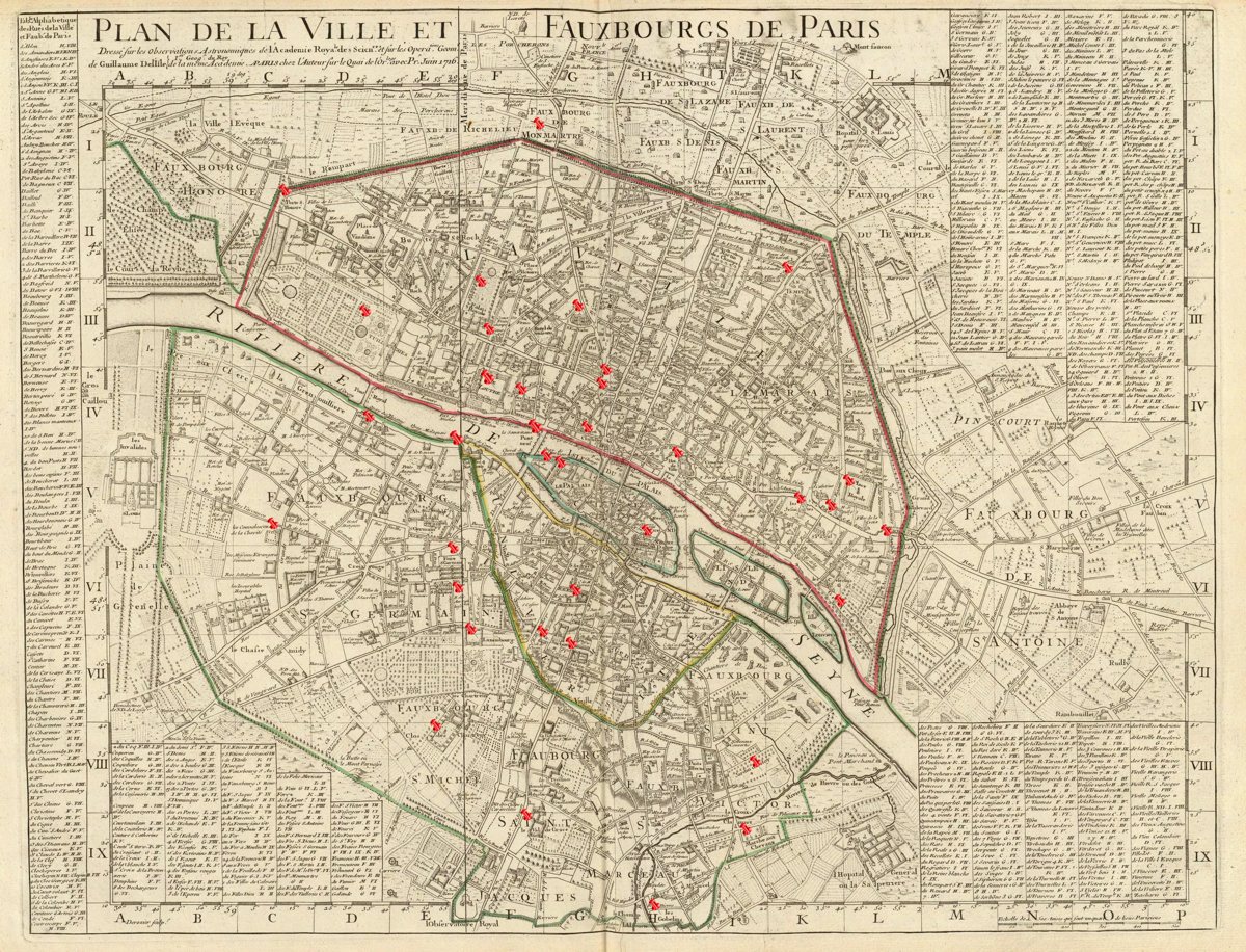18th c Paris Map with sites of Lister's visit